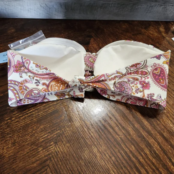 Paisley Bandeau Bikini Set XL NWT Boho Pink Orange Removable Strap High Cut - Picture 9 of 11